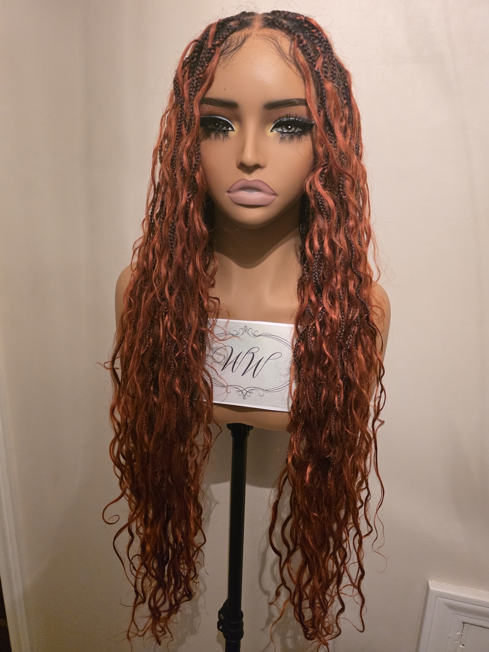 Boho Box Braid Human Hair Copper Red Wig - Full 360 Lace, Bleached Knots